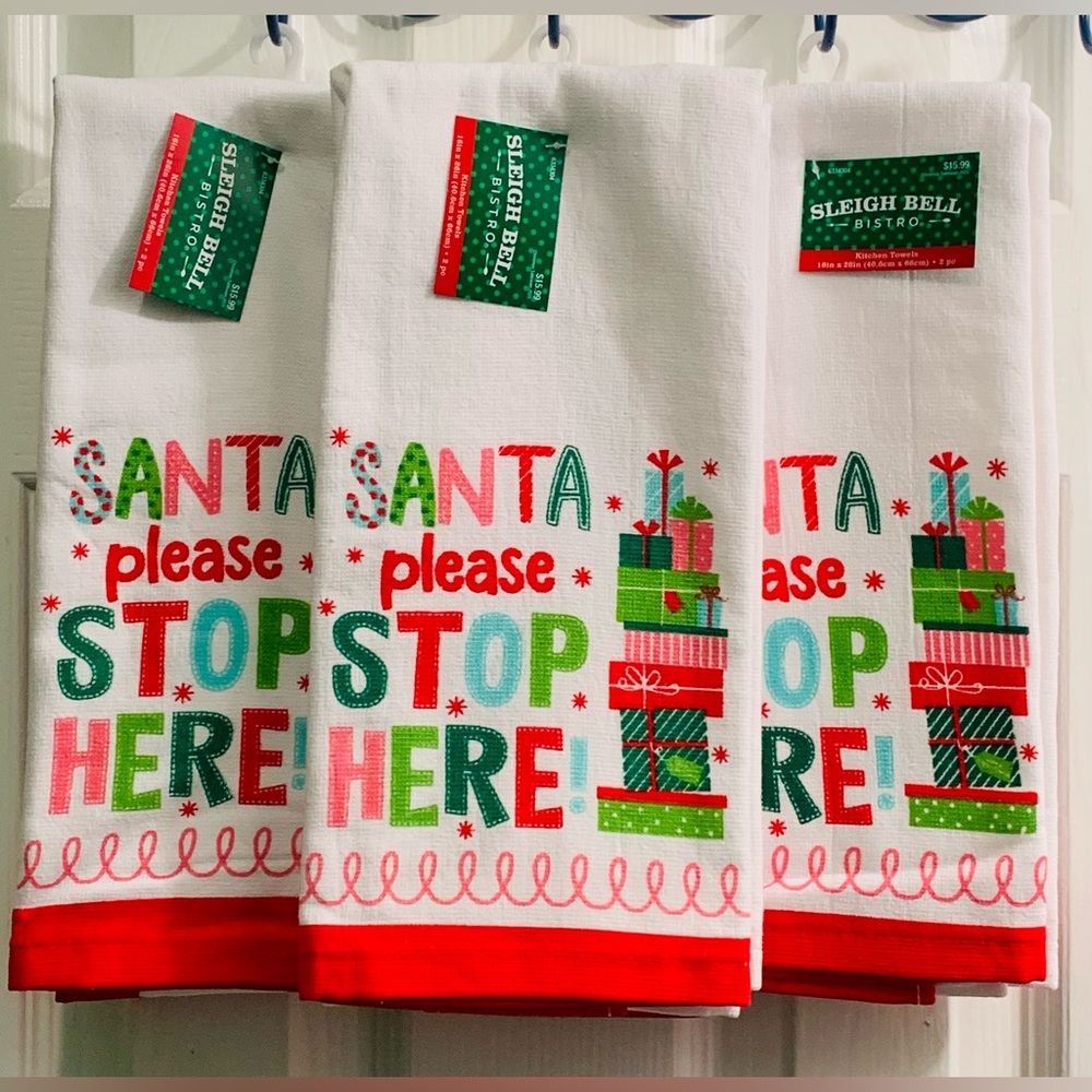 Lot 3 Holiday Santa Please Stop Here Kitchen Towels Sleigh Bell Bistro